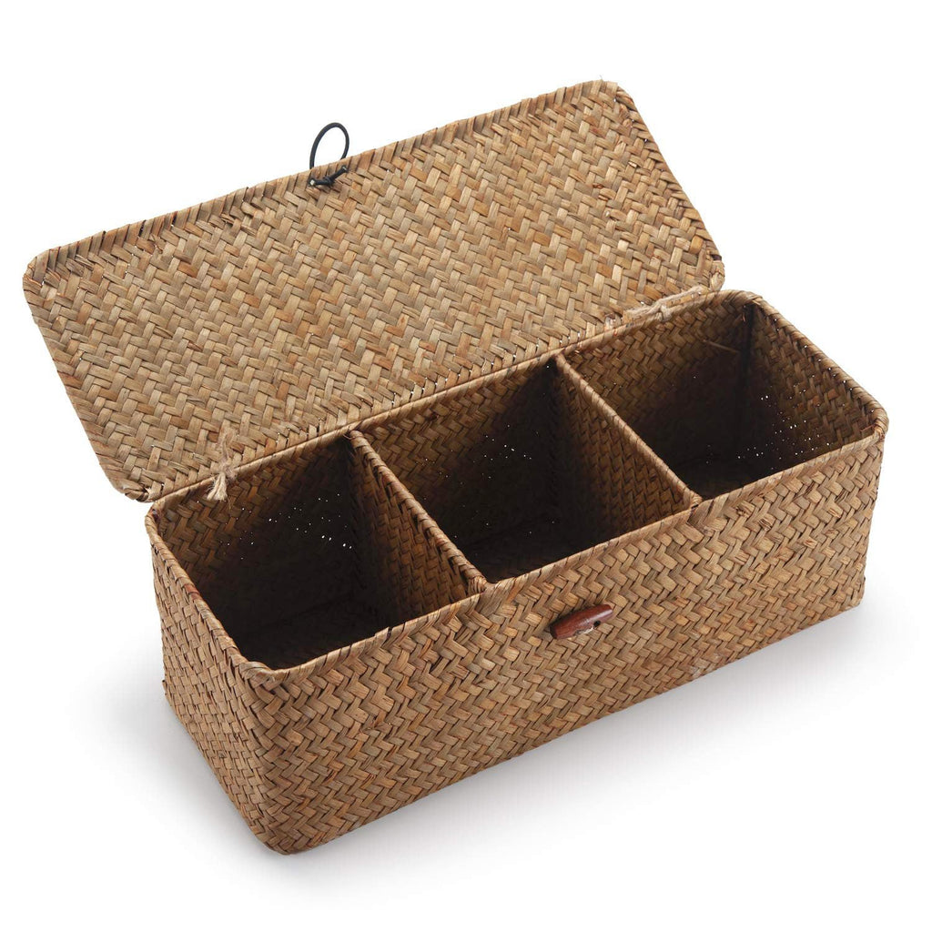 Seagrass Storage Basket for Bathroom - Toilet Tank with Lid, Wicker Woven Narrow Basket for Organizing (13" x 5" x 4.3")