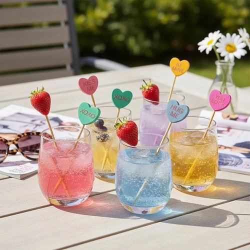 120 Pack Wooden Conversation Heart Cocktail Picks, 4.7 Inch Bamboo Appetizer Skewers for Valentine's Day Party Supplies, Charcuterie Boards, Drinks & Cake Toppers, 6 Pastel Colors