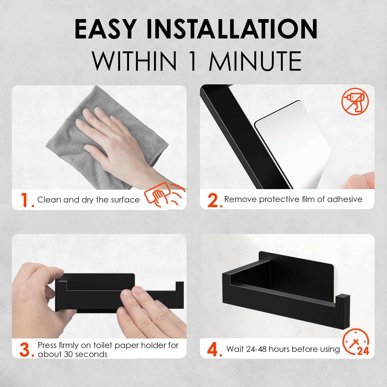 Auxmir Adhesive Toilet Paper Holder, No Drilling Toilet Roll Holder Wall Mount, Premium Thicken SUS304 Stainless Steel, Rustproof Toilet Tissue Holder for Bathroom Kitchen Washroom RV, Black(2 Pack)