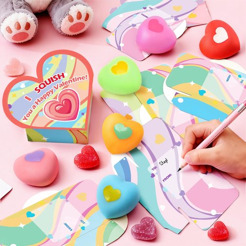 24 Pack Valentines Day Cards with Heart Squeeze Stress Balls for Kids School, Classroom Valentines Day Gifts for Kids, Valentines Party Favors Exchange Gift for Boys Girls