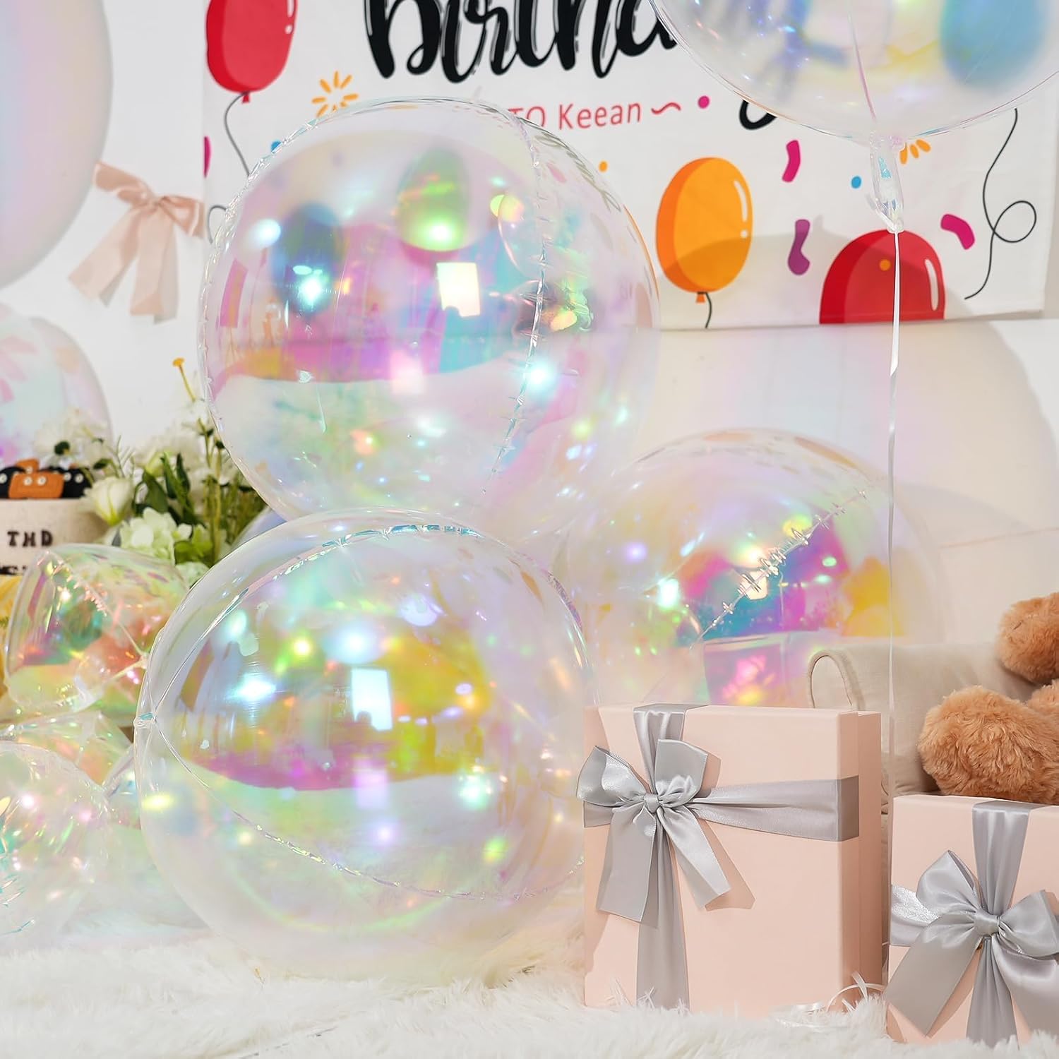 Skiennix Iridescent Round Foil Balloons - Holographic 4D Clear Balloons for Birthday & Wedding Decor | 12 Pcs Set