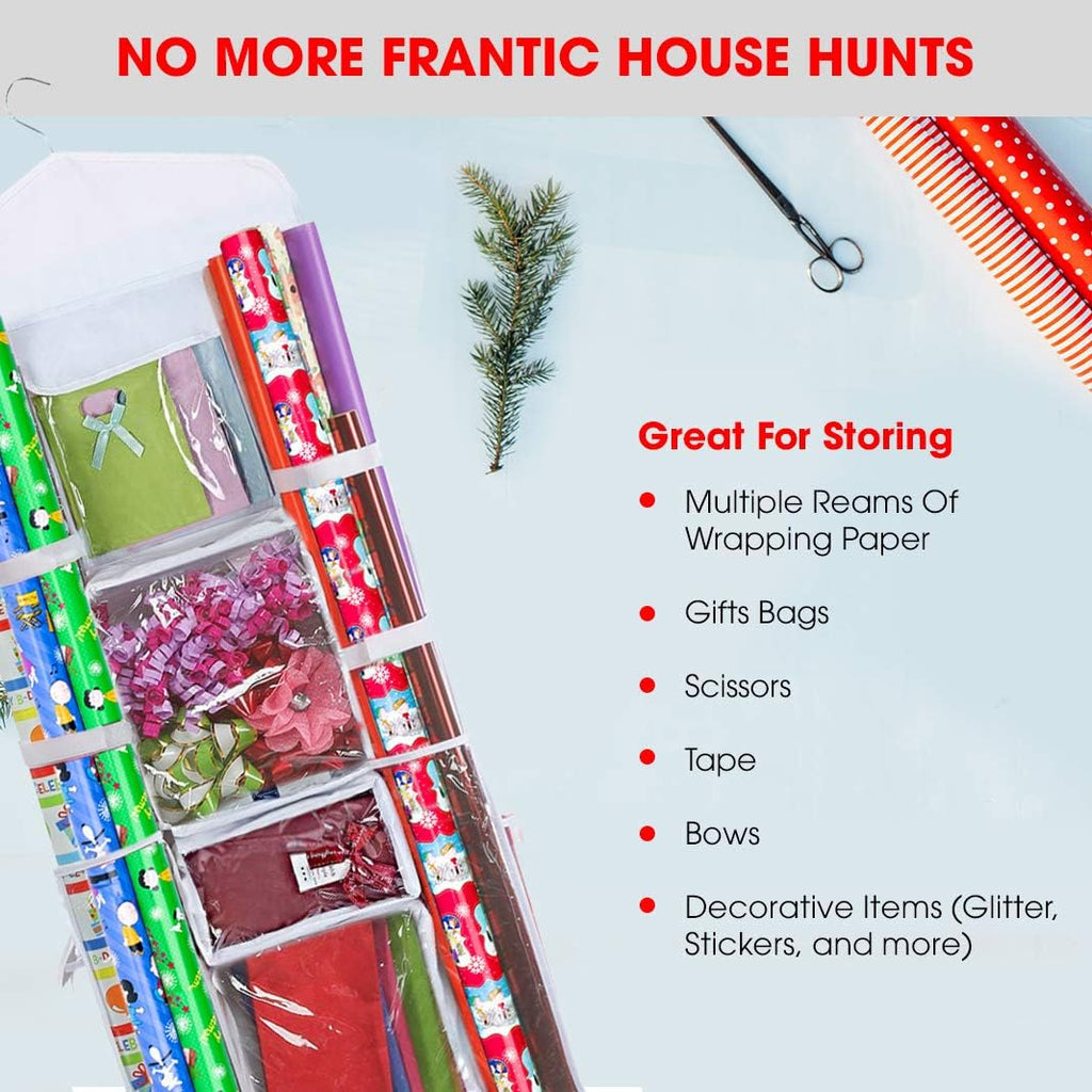 Primode Wrapping Paper Storage - Over The Door Gift Wrap Organizer with Double-Sided Pockets | 40”x17” (White)