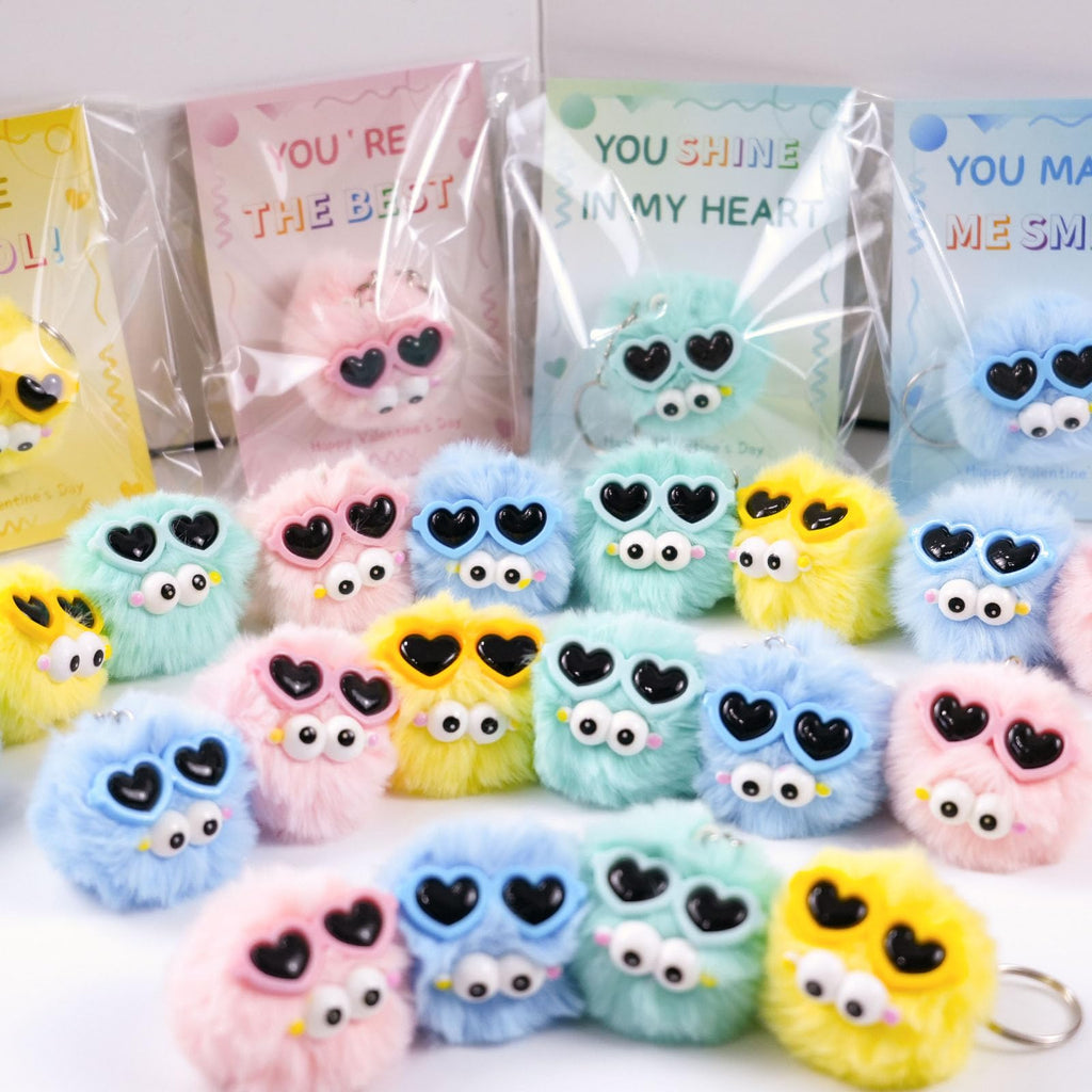 QYESQ Valentines Day Gifts for Kids - 24 Pack Cute Plush Toys Keychains, Valentines Day Cards for Kids Boys Girls Toddlers School Classroom Friends Exchange Party Favors