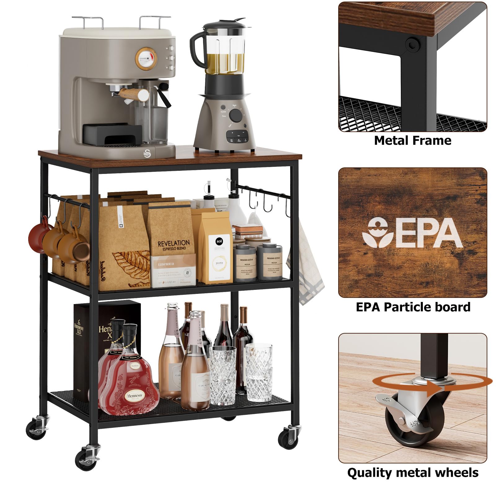 Homleke 3-Tier Rolling Kitchen Microwave Cart, Kitchen Utility Cart on Lockable Wheels, Coffee Bar Table Station with 6 S-Shaped Hooks, Small Appliance Storage Shelf, Rustic Brown and Black