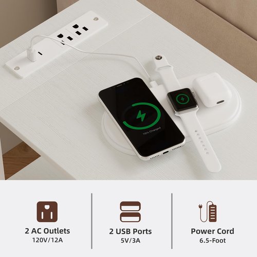 Somdot End Table with Charging Station,Narrow Side Table with 2 Fabric Drawers,Skinny Nightstand with Storage,Small Slim Bedside Table for Living Room,Sofa,Bedroom,Couch,White Leather