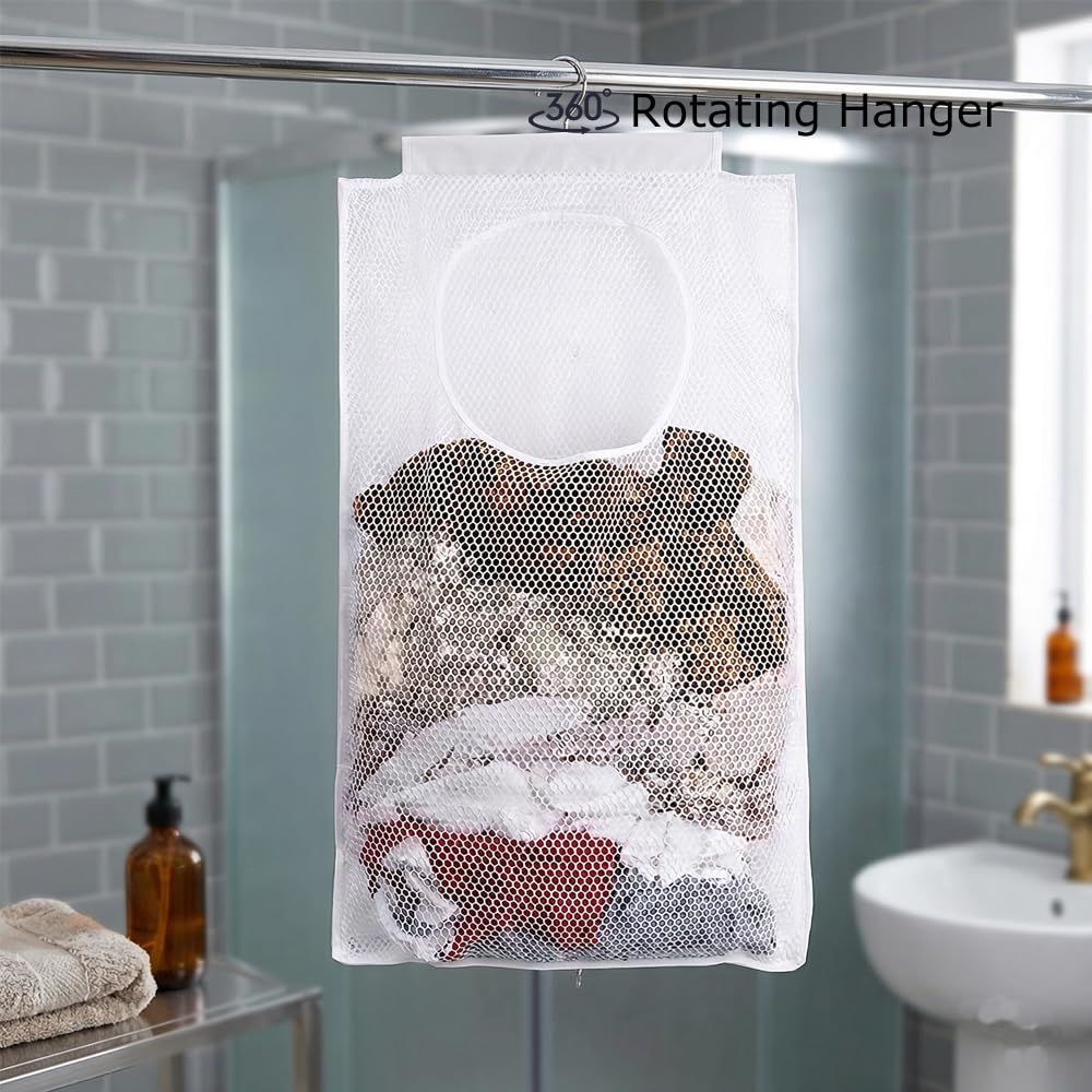 ALYER Breathable Mesh Laundry Hamper,Foldable Hanging Closet Storage Basket,Portable Space Saving Dirty Clothes Bag (White)