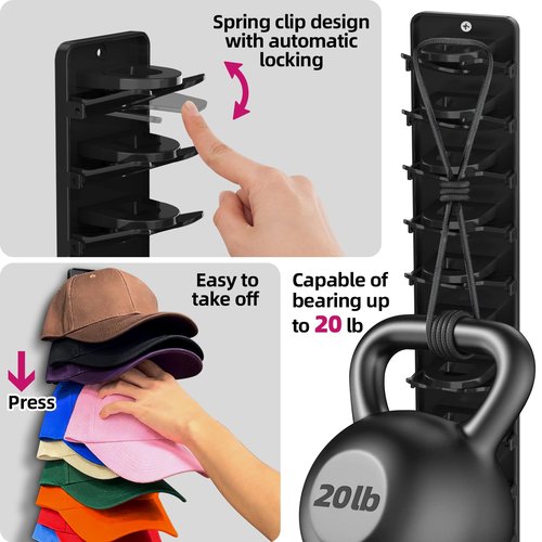 Flizubat Spring Clip Hat Organizer for Baseball Caps – 2 Pack, Wall Hat Rack for Door & Closet – Keeps 20 Hats Tidy in Entryway, Dorm, Bedroom – Multi-Layer Cap Storage (Adhesive or Screws)