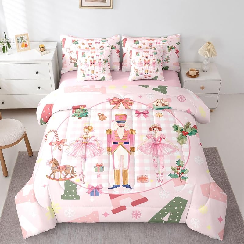 Feelyou 7-Piece Queen Comforter Set with Sheets (Pink/White/Green) - Microfiber Bedding