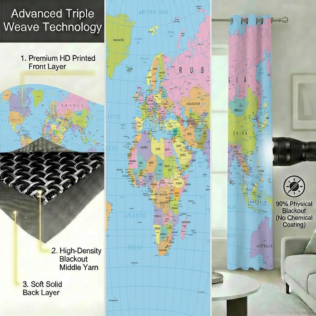 terxgrl World Map Blackout Curtains for Girls Boy Home Decor, Geography Educational Tourist Map Grommet Thermal Insulated Drapes Darkening Window Curtain for Bedroom Living Room, 42 x 45 Inch