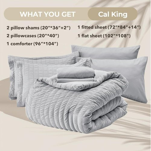 HYMOKEGE California King Comforter Set - Luxury 7-Piece Seersucker Bedding in Light Grey