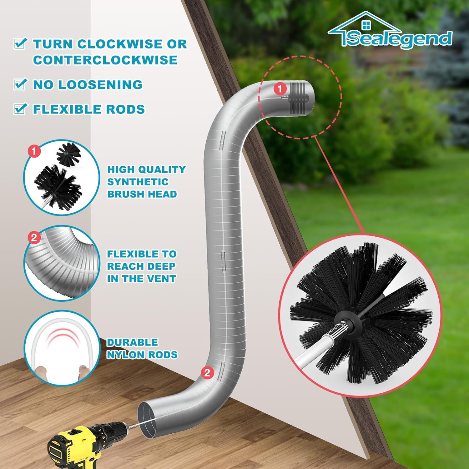 Sealegend Dryer Vent Cleaner Kit - 30 Feet Lint Remover with Upgraded Flexible Brush & Drill Attachment