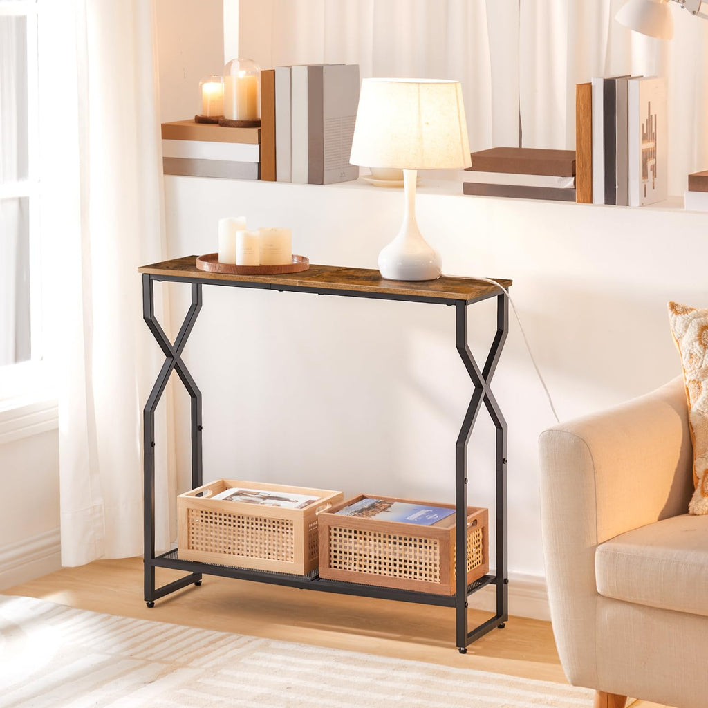 MAHANCRIS 2 Tier Console Table, Sofa Table, Narrow Entryway Table, Hallway Entrance Table, Hourglass-Shaped Frames, Adjustable Feet, for Entrance, Living Room, Hallway, Rustic Brown CTHR21301