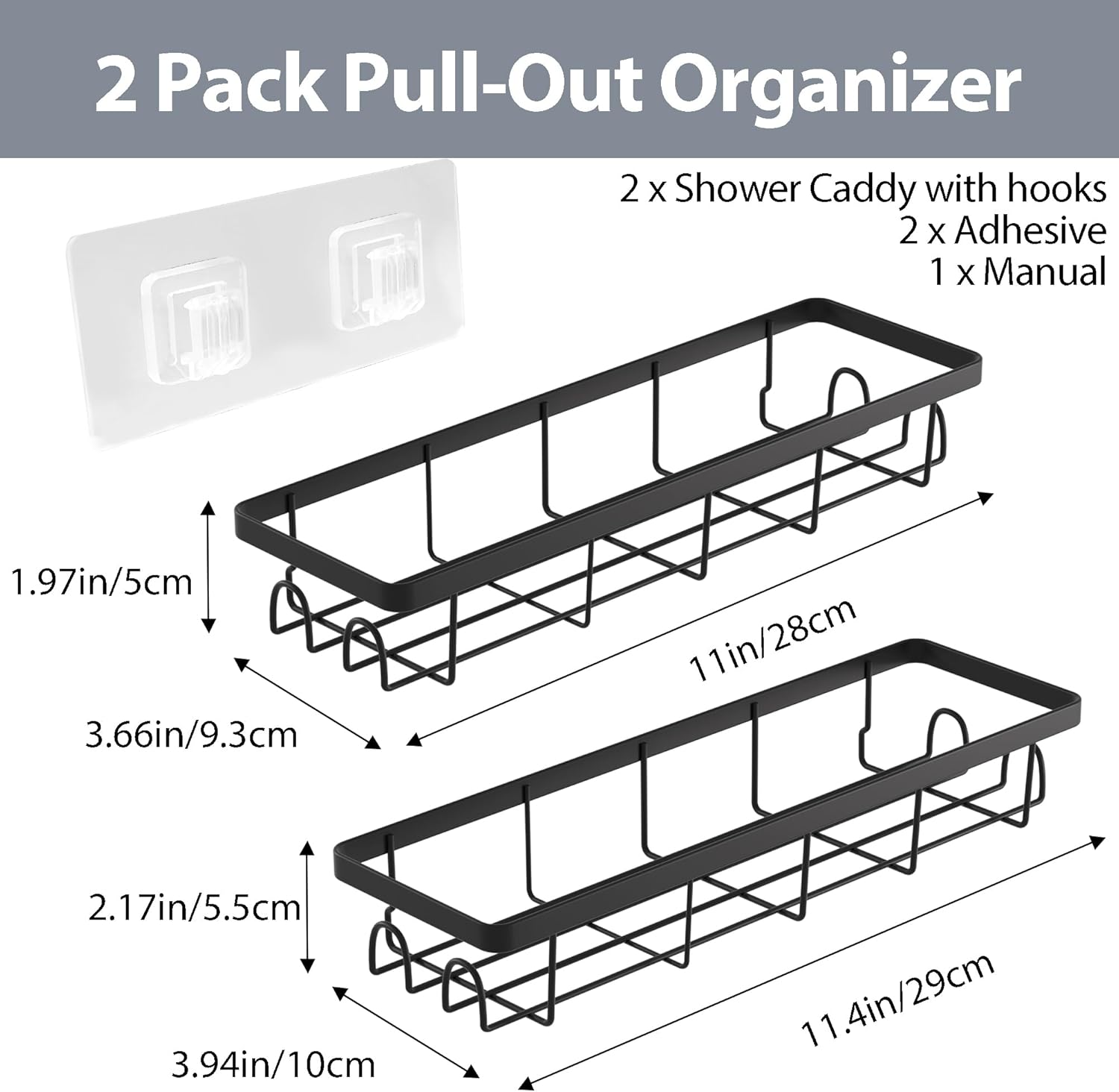Shower Caddy Organizer - Self-Adhesive Bathroom Shelves with Hooks | No Drilling, 2 Pack Black