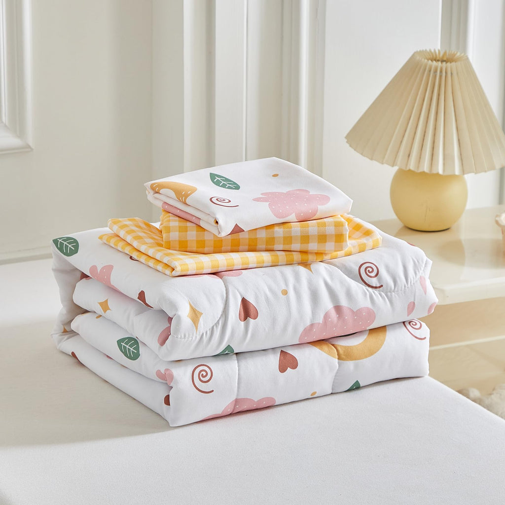 Joyreap 4 Piece Toddler Bedding Set for Girls- Pink n Yellow Clouds Moon Rainbow Lovely Design, Microfiber Toddler Bedding Comforter Set for All Seasons