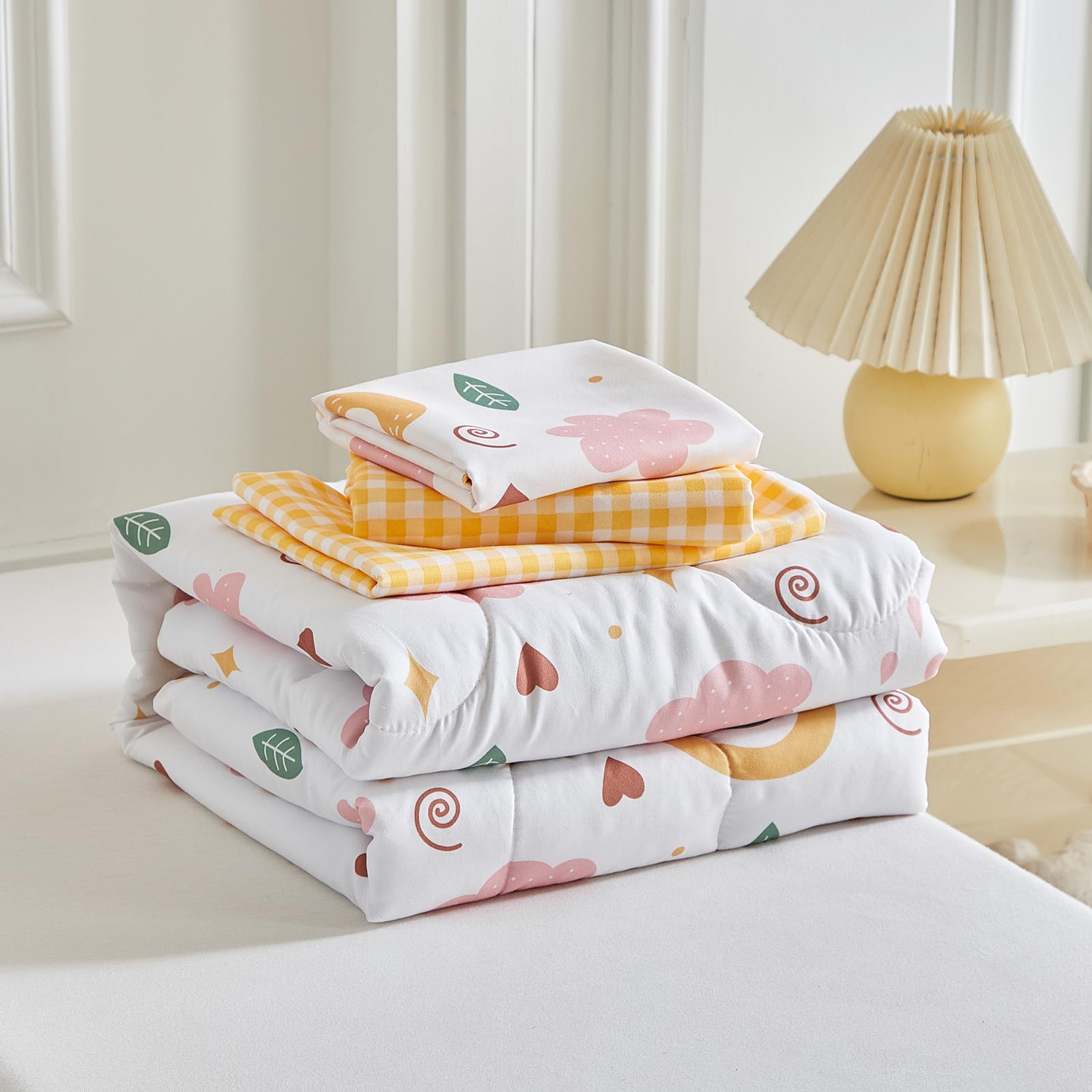 Joyreap 4 Piece Toddler Bedding Set for Girls- Pink n Yellow Clouds Moon Rainbow Lovely Design, Microfiber Toddler Bedding Comforter Set for All Seasons