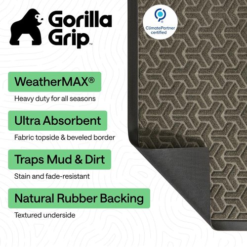 GORILLA GRIP Waterproof All-Season Doormat - Natural Rubber, Stain & Fade Resistant, 29x17, Slate Geometric