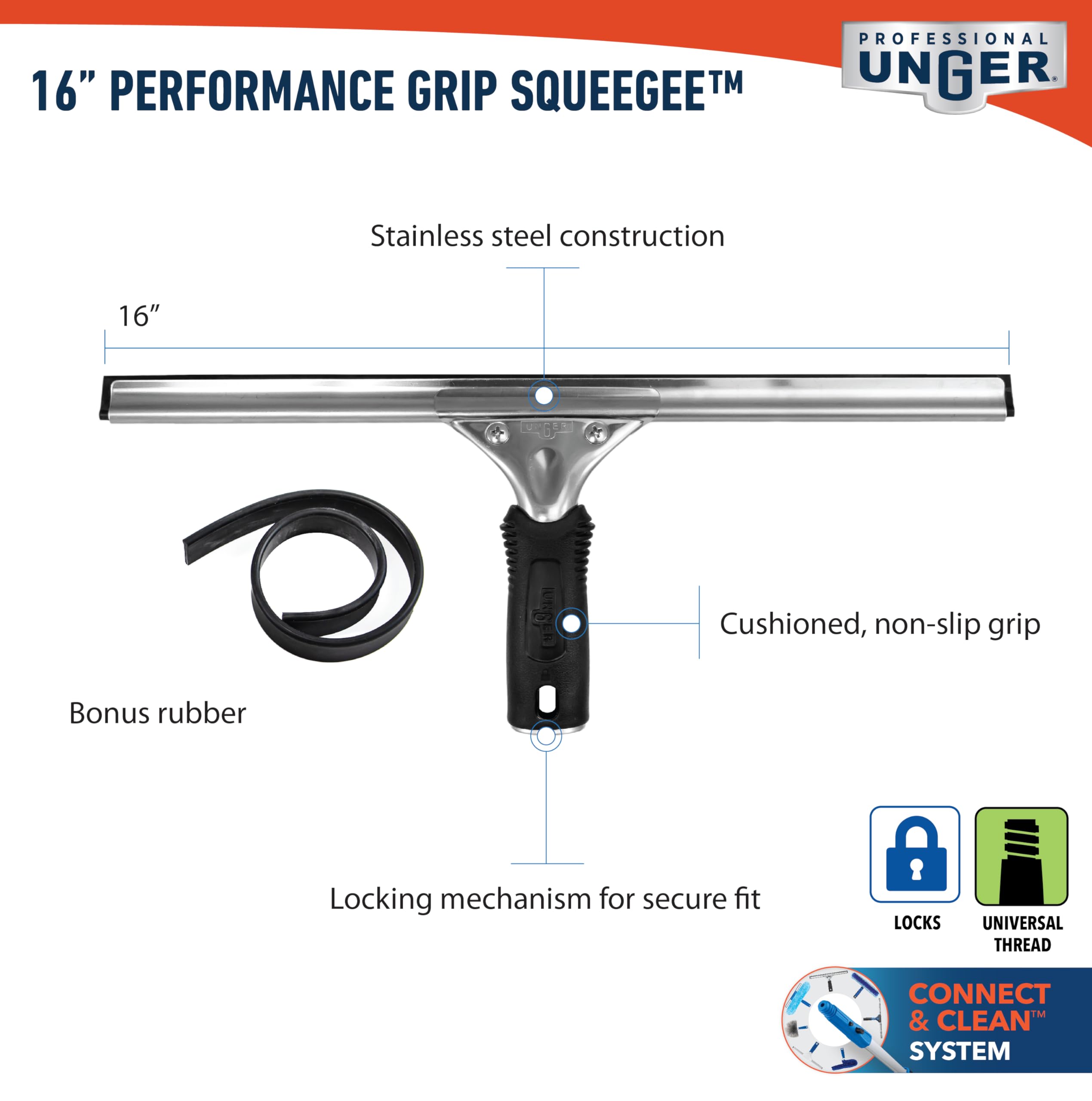 Unger Connect and Clean 16” Performance Window and Glass Cleaning Squeegee with Replacement Rubber, Cleaning Supplies, Heavy Duty Household Cleaner Tools with Streak-Free Results