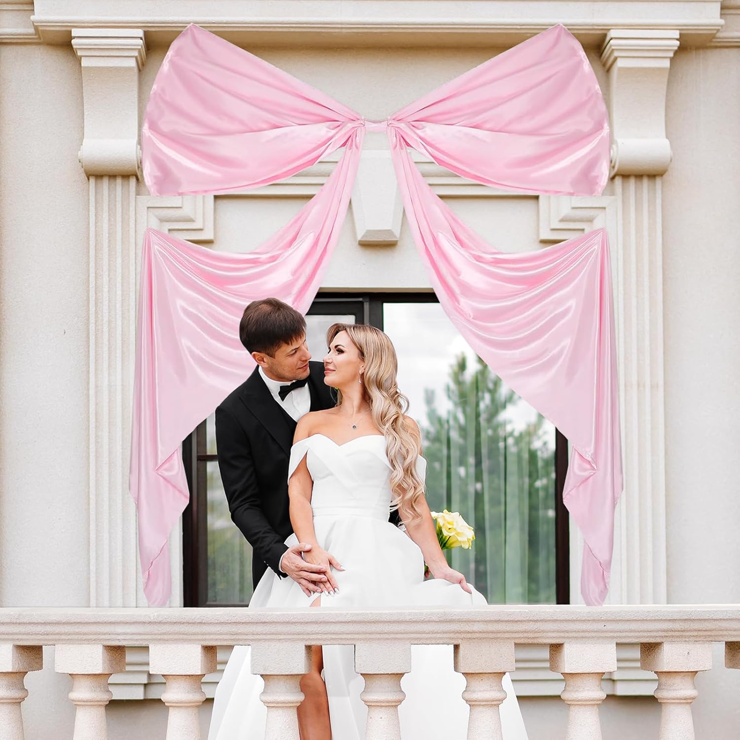 Skiennix Extra Large Wedding Bow Decor - 118 x 29 Inch Giant Satin Bow with Long Streamers | Pink Party Decoration