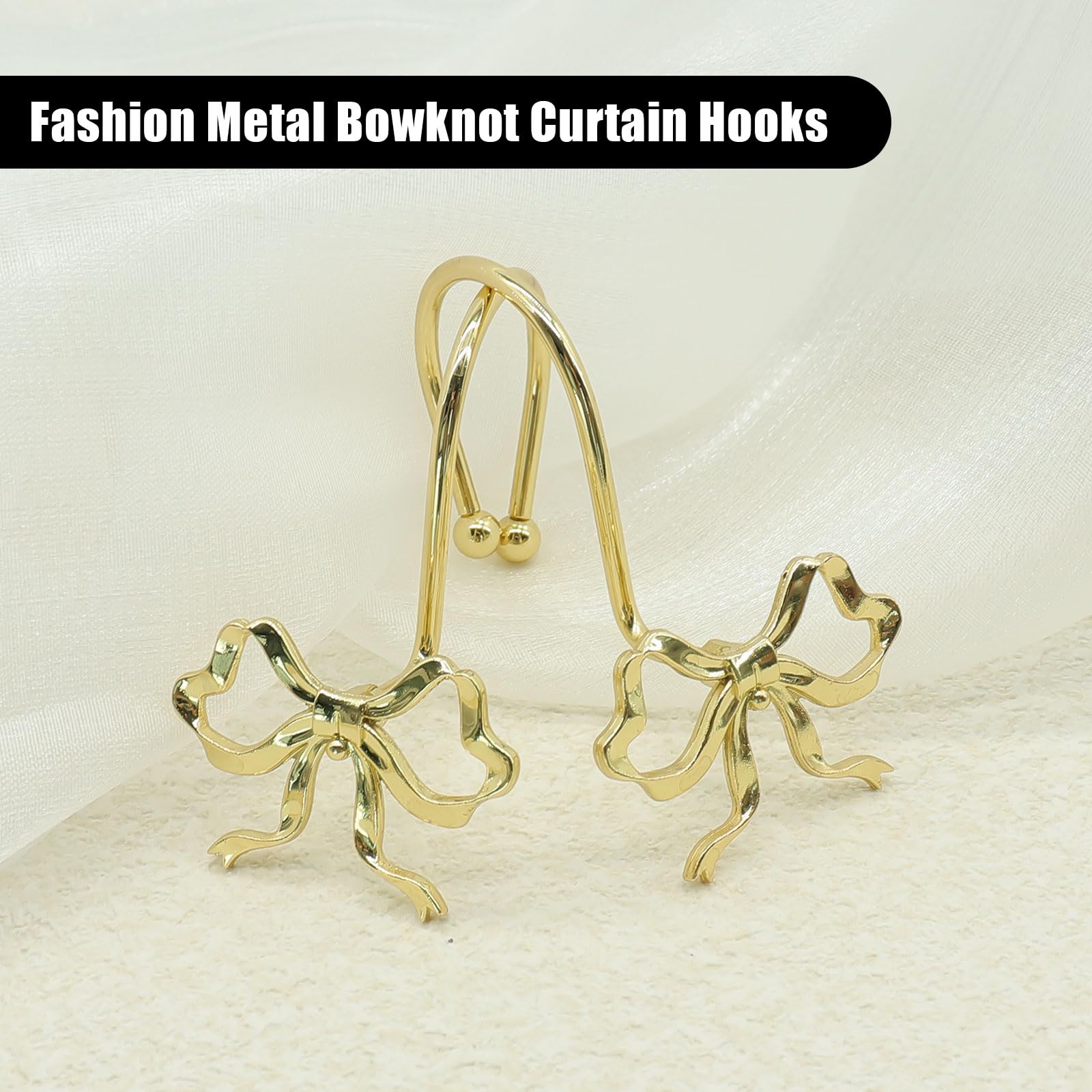 Bow Decorative Shower Curtain Hooks, Fshion Bowknot Shower Curtain Rings, Modern Bow Shower Curtain Hangers, 12PCS Shower Hooks for Shower Curtain, Home Decor, Bathroom, Bedroom, Living Room (Gold)