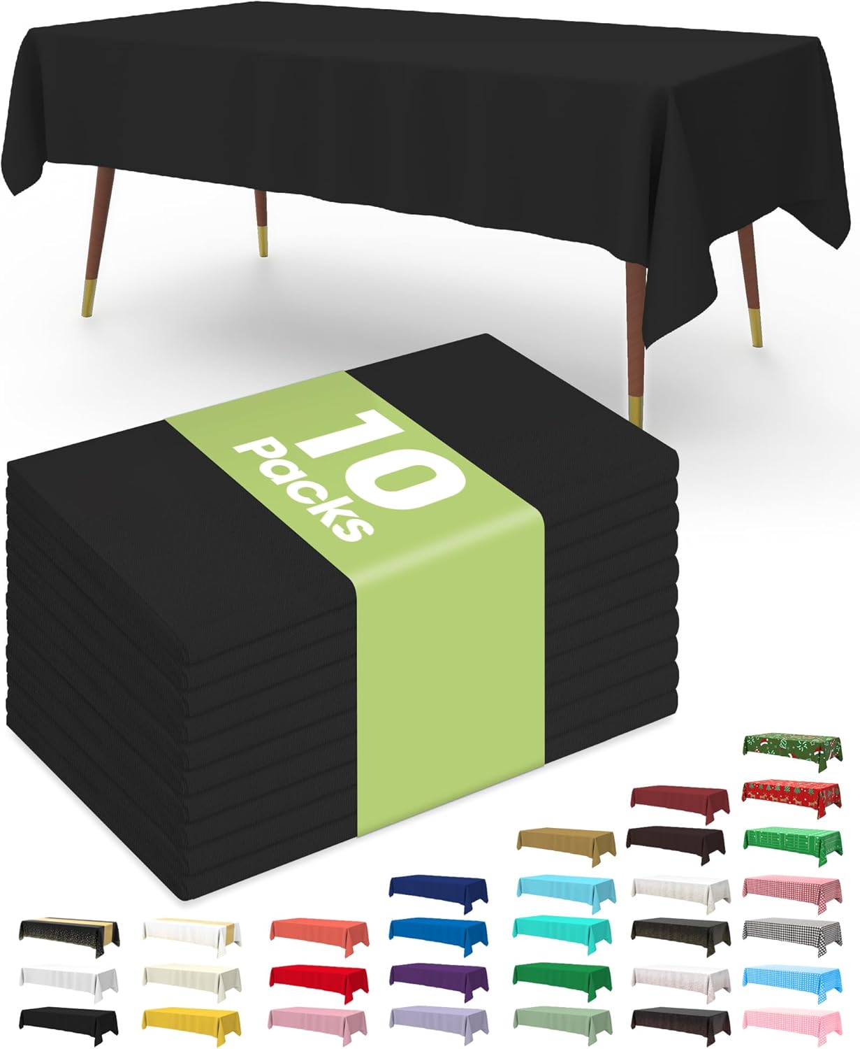 Pureegg Disposable Plastic Table Cloths - 10 Pack, 54 x 108 Inch, Sturdy Black Halloween Decor