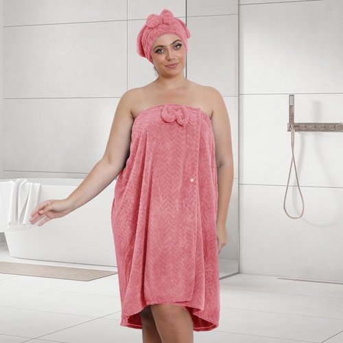 Emdelifo Plus Size Bath Towel Wrap for Women (XXL-XXXXL) with Hair Towel, Oversize Shower Wrap Dress Spa Bathrobe, Comfortable Adjustable Body Wrap, Dry Quickly, 82.68x31.5'', Pink