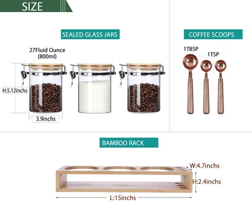 Airtight Glass Tea Containers with Bamboo Lids & Spoons (27oz) - Ultimate Storage Canisters for Loose Leaf Tea to Preserve Freshness & Flavor - Elegant Tea Caddy Jars for Kitchen & Pantry - Set of 3
