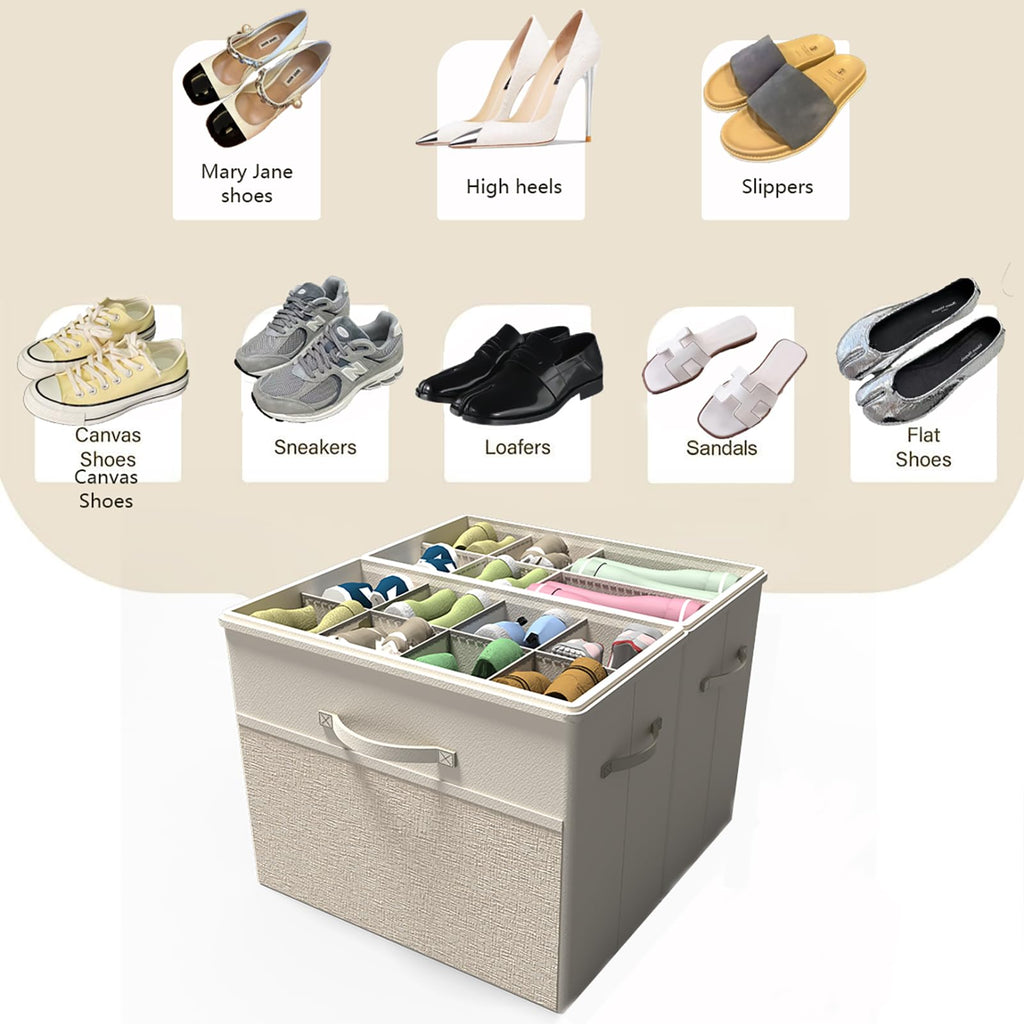 BFLBFL 2 Pack Shoe Organizer for Closet, Clear Foldable Shoe Storage Containers Fits 14 Pairs,Shoe Storage Bins Baskets Boxes with Reinforced Handles Beige Shoes Organize