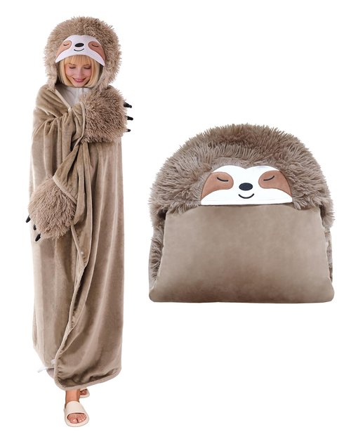 TOYSYM Sloth Wearable Hooded Blanket for Adults - Fluffy Soft Warm Cozy Flannel Throw Blanket 50" x 60" Hoodie Cloak Wrap - Sloth Gifts for Adults and Kids