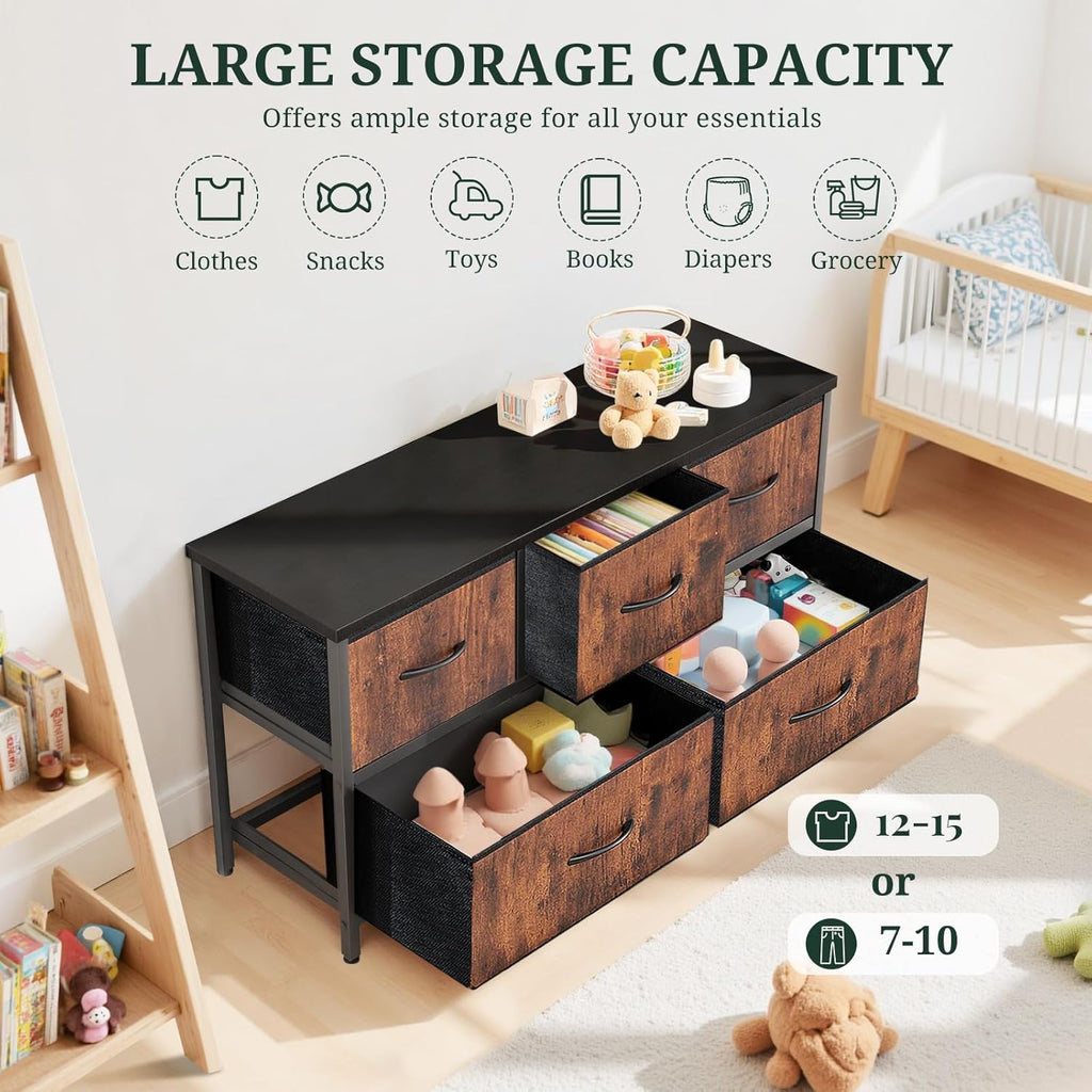 Regine Switzerland 5-Drawer Dresser - Anti-Tip Fabric Storage Organizer with Wooden Top | Brown Finish