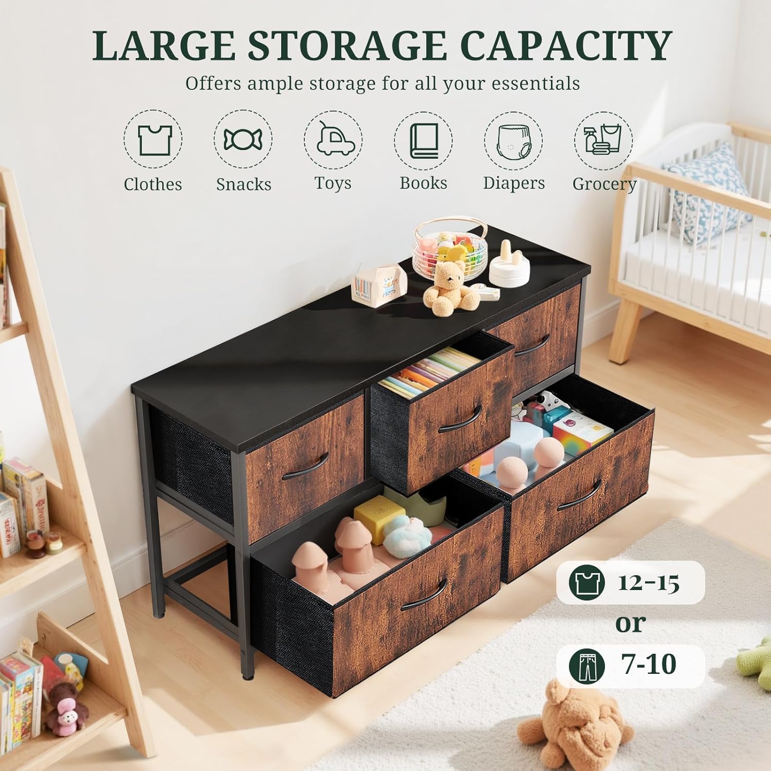 Regine Switzerland 5-Drawer Dresser - Anti-Tip Fabric Storage Organizer with Wooden Top | Brown Finish