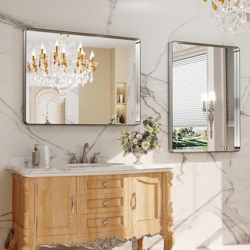 LOAAO Brushed Nickel Bathroom Mirror - 40X24 Inch Rounded Rectangle Design | Anti-Rust, Versatile Hanging Options