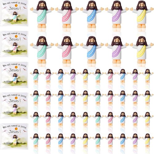 Little Jesus Figurines - 50 Bulk Mini Jesus Statues with Prayer Cards & Bags for Easter Party Favors