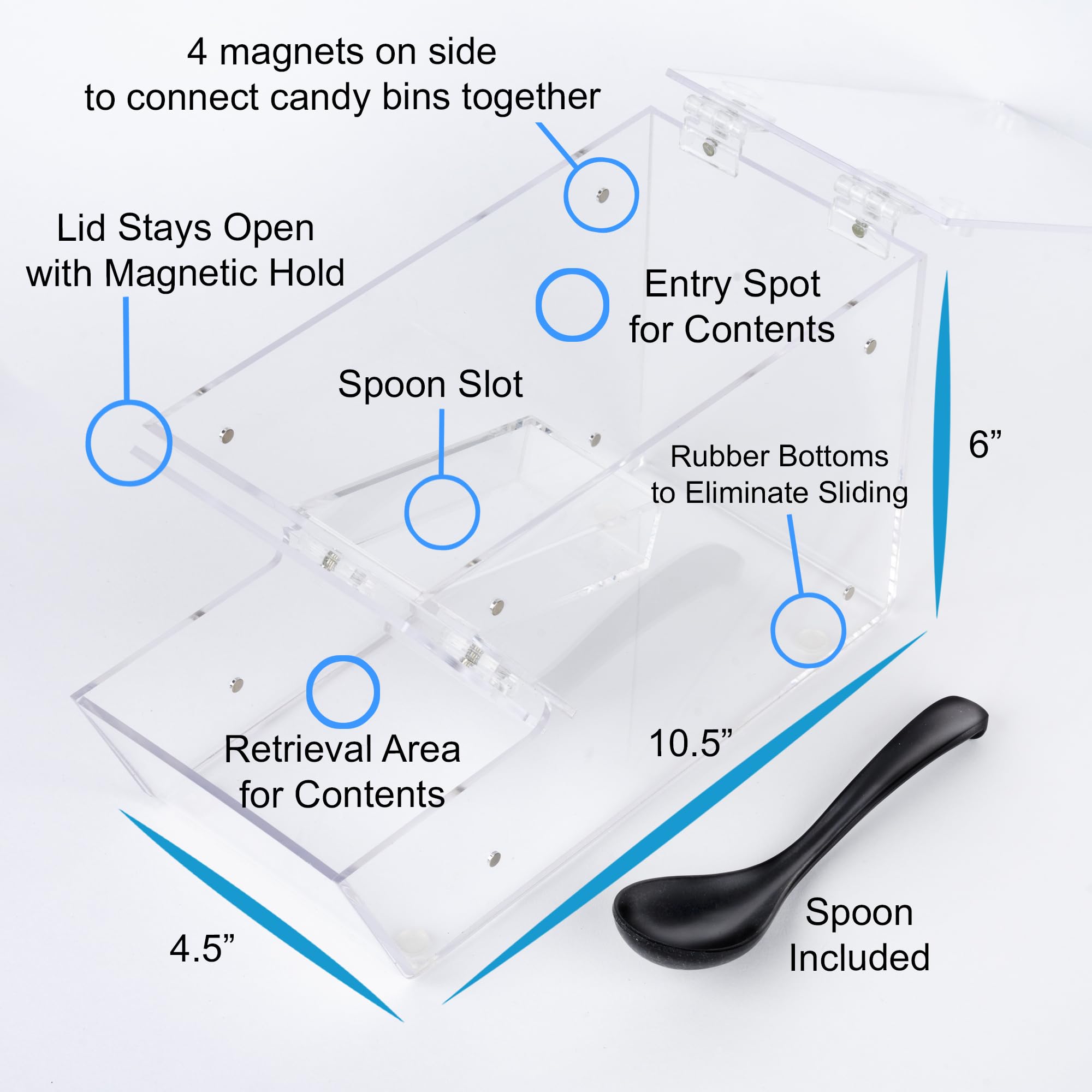 IneVibe Candy Bin Topping Dispenser - Acrylic Bulk Sprinkle Container w/Scoop, Stackable & Magnetic for Multiple Holders on Shelf - Commercial Setting for Cereal, Nuts, Candies & Snack Food Storage