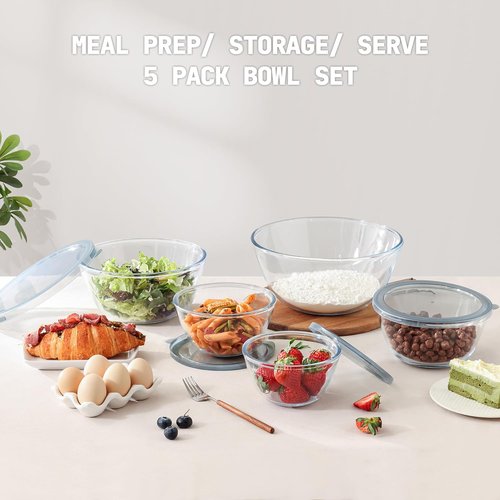 Cuiselect Glass Mixing Bowls Set - 5-Piece Nesting Bowls with Lids | Dishwasher, Microwave & Freezer Safe