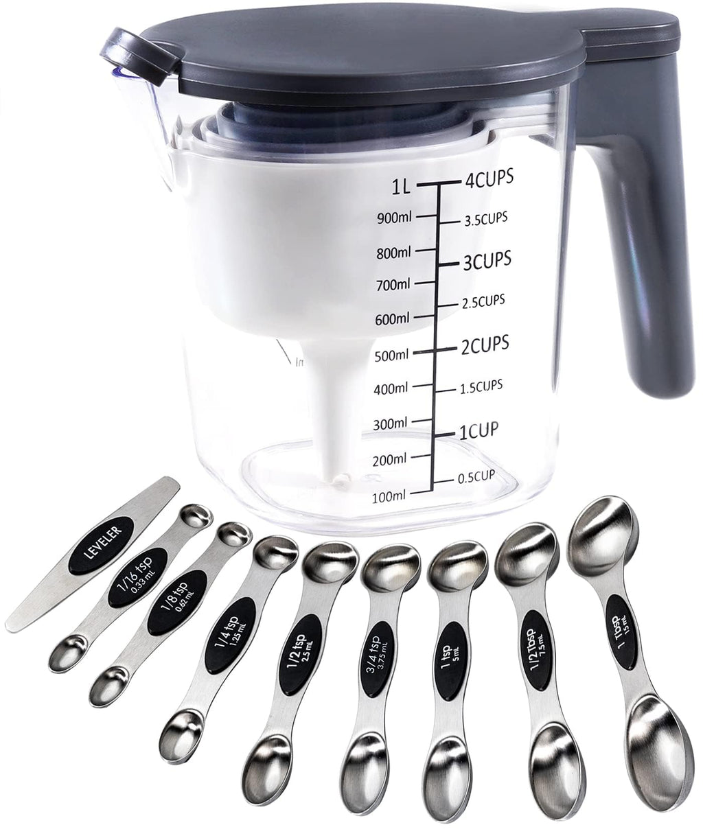Recogwood 19 Pieces Measuring Cups and Spoons set, Includes 10 Stackable Measuring Cup with Lid and 9 Magnetic Measuring Spoons, Tablespoon for Liquid and Dry, BPA Free, Dishwasher Safe (Black)