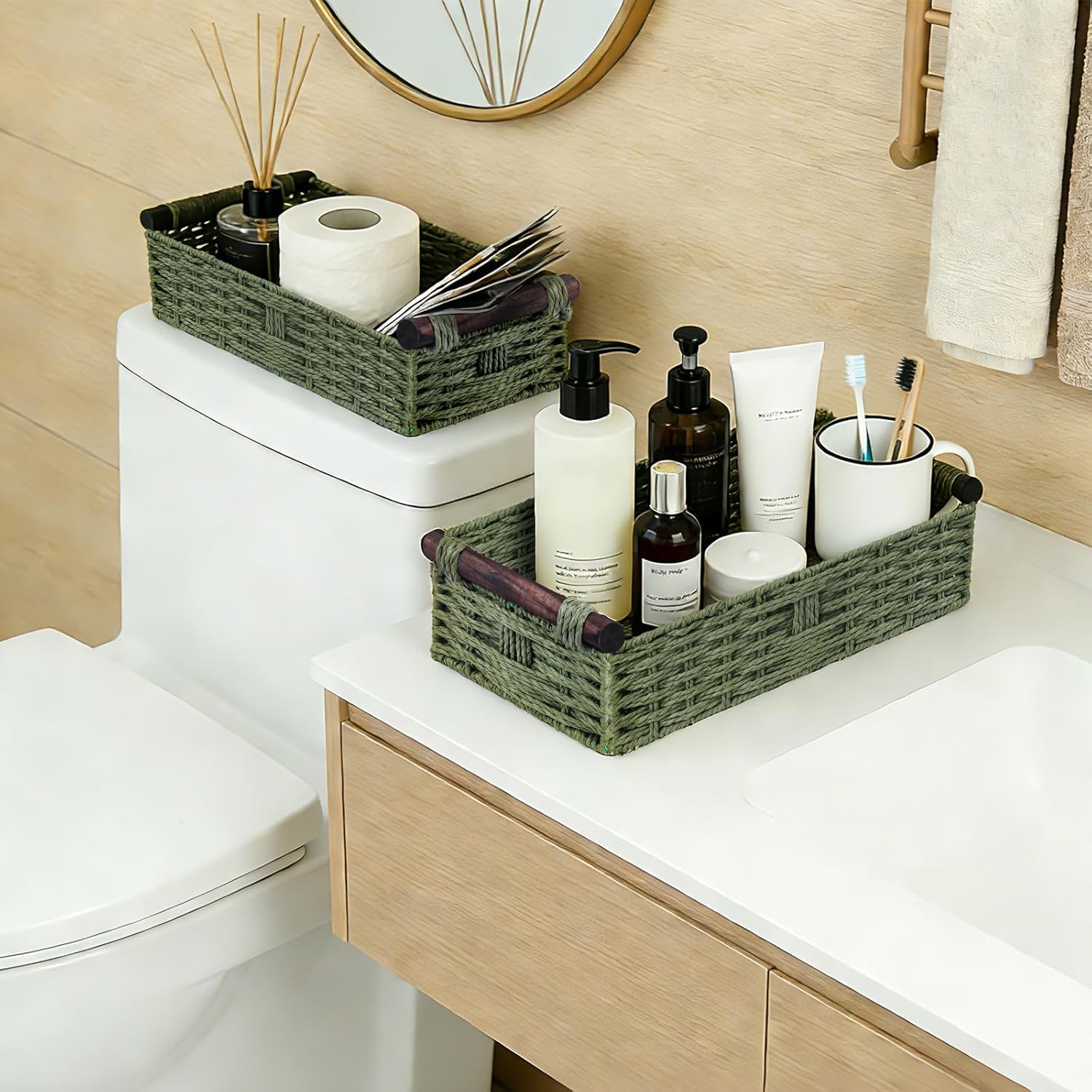 Skiennix Green Toilet Basket - Stylish Bathroom Organizer & Storage | 2-Piece Paper Rope Wicker Holder