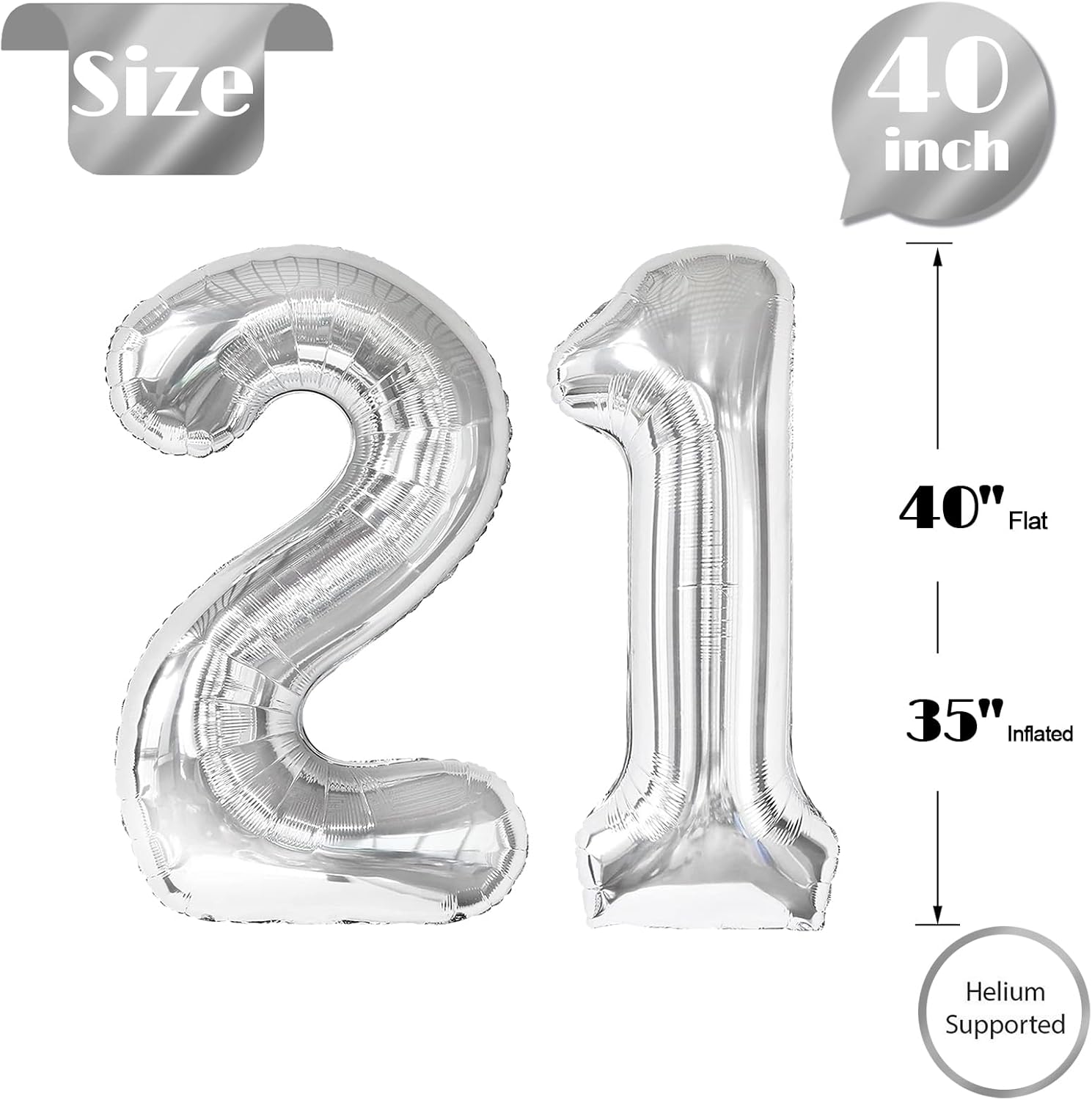 Number 21 Balloon by Silver | 40-Inch Metallic Decoration for 21st Birthday Celebrations