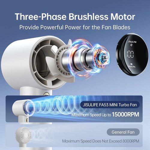 JISULIFE Portable Handheld Fan - Adjustable Speed & 3600mAh Rechargeable Battery | Ideal for Travel & Outdoor Use - White