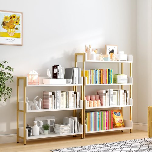 OSCHF Wide Open Shelf Bookcase - Modern 3-Tier Floor Standing Display Bookshelf with Three-Side Panels for Home and Office, Storage Shelving in Warm White with Gold Frame