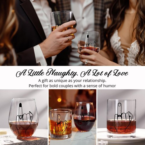 Funny Engagement/Wedding Gift for Couples – Ring Finger Wine and Whiskey Glass Set–Cool Bridal Shower/Bachelorette Gift for Bride Groom, Newlyweds,Just Married,Mr and Mrs for Valentines Day