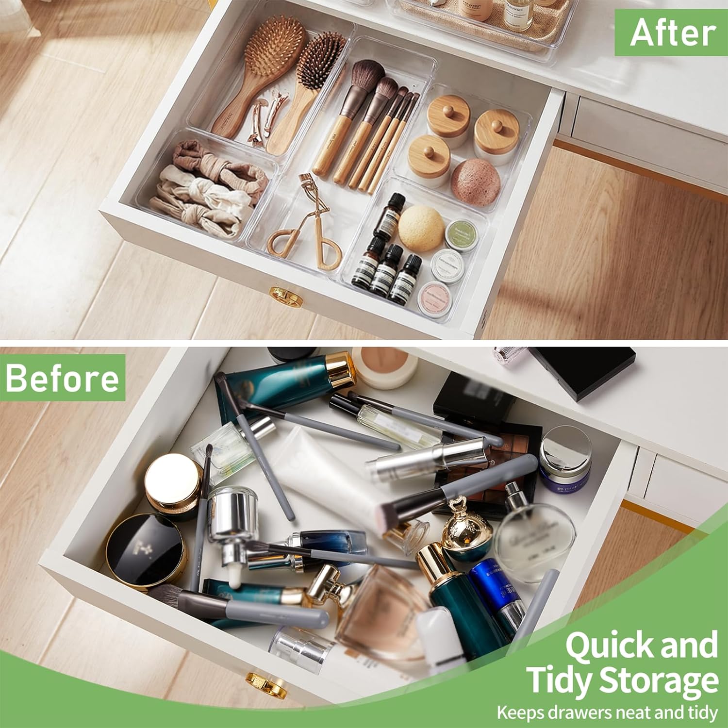Skiennix Clear Plastic Drawer Organizer Tray - 6 PCS Large Size for Bathroom, Vanity & Office | 12'' Bins