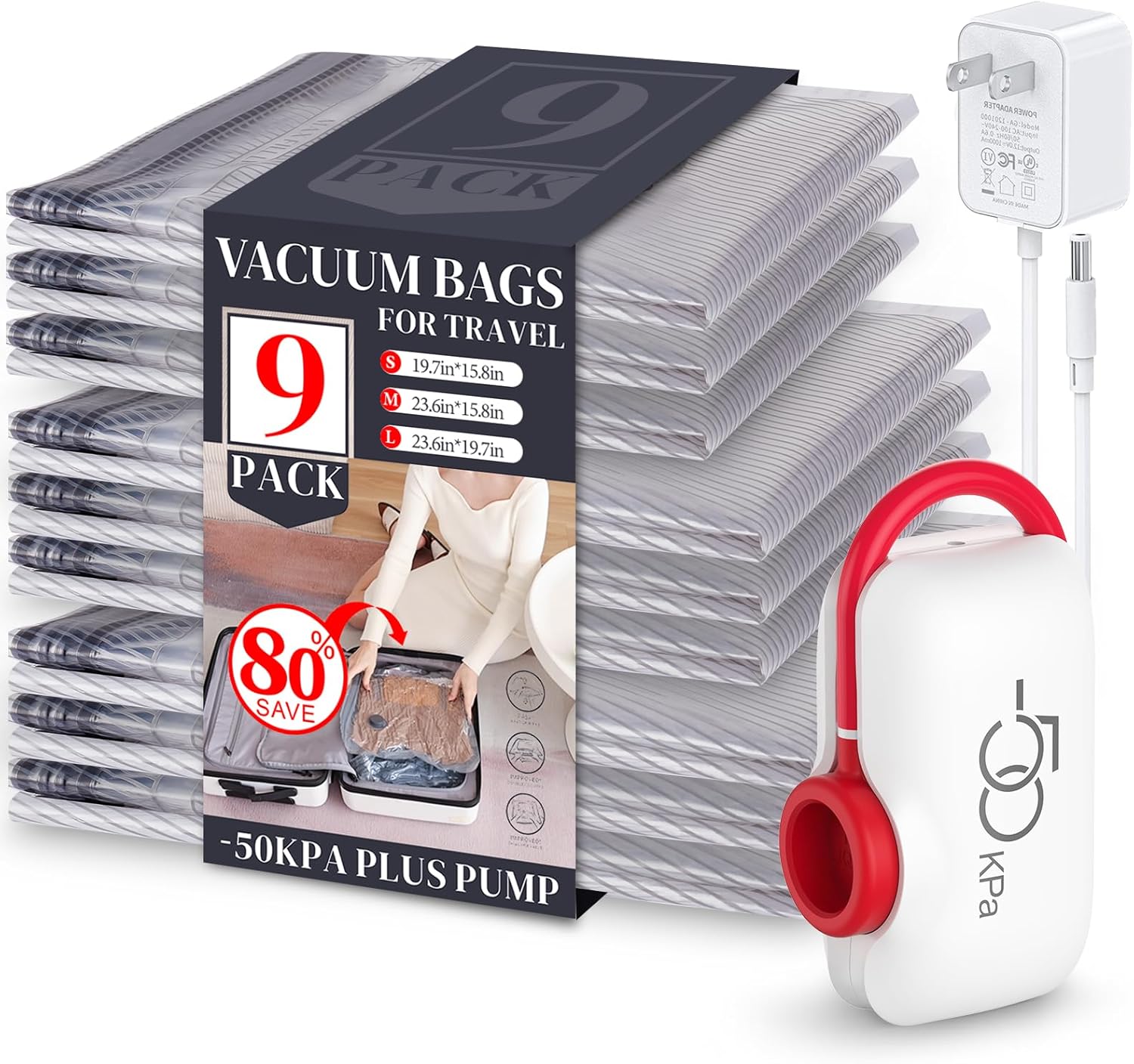 VMstr Vacuum Seal Bags - Space-Saving Travel Compression Bags with Electric Pump | 9-Pack Carry-On Set