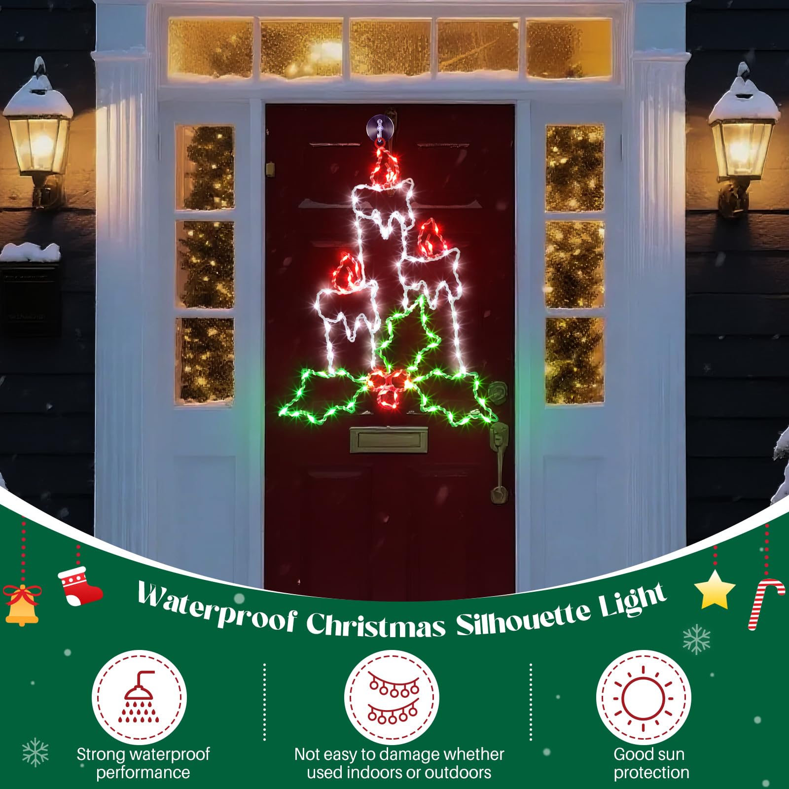 Enhon 15.8" Christmas Window Silhouette Light, Battery Operated Lighted Candles with Holly and Berry, 8 Modes Christmas Silhouette Light with Timer, for Xmas Holiday Indoor Outdoor Decor(1 Pack)