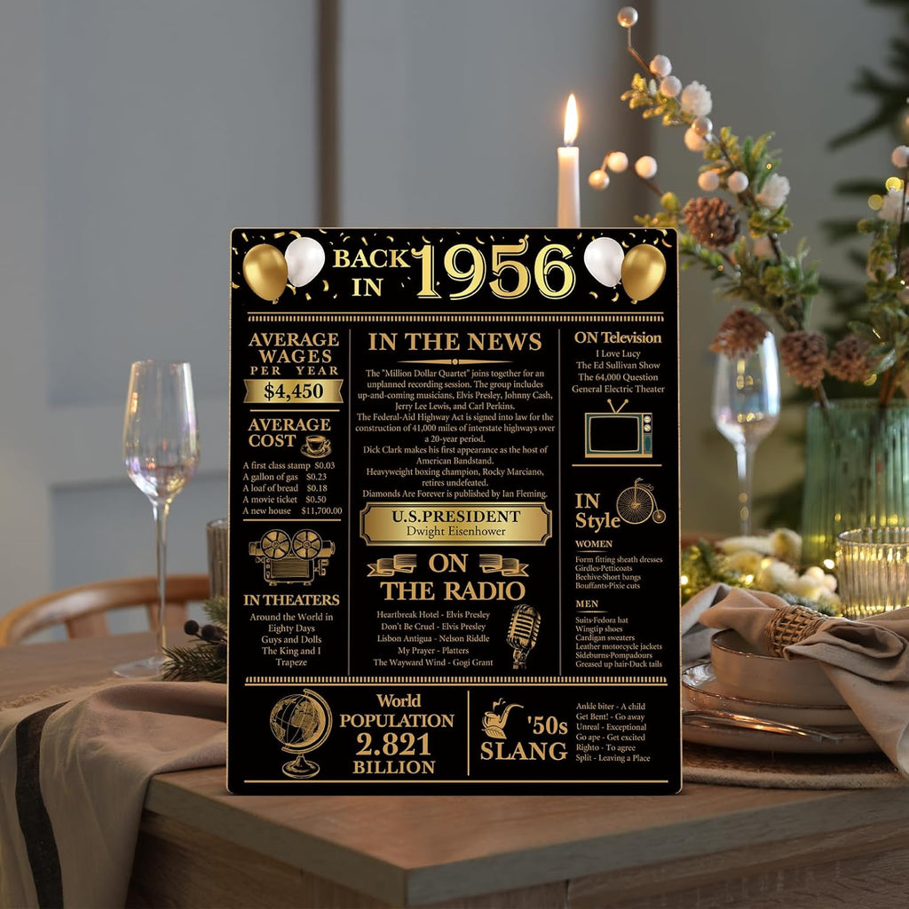 Back in 1956 | 70th Birthday Party Decorations - Black and Gold Wooden Sign & Table Favors