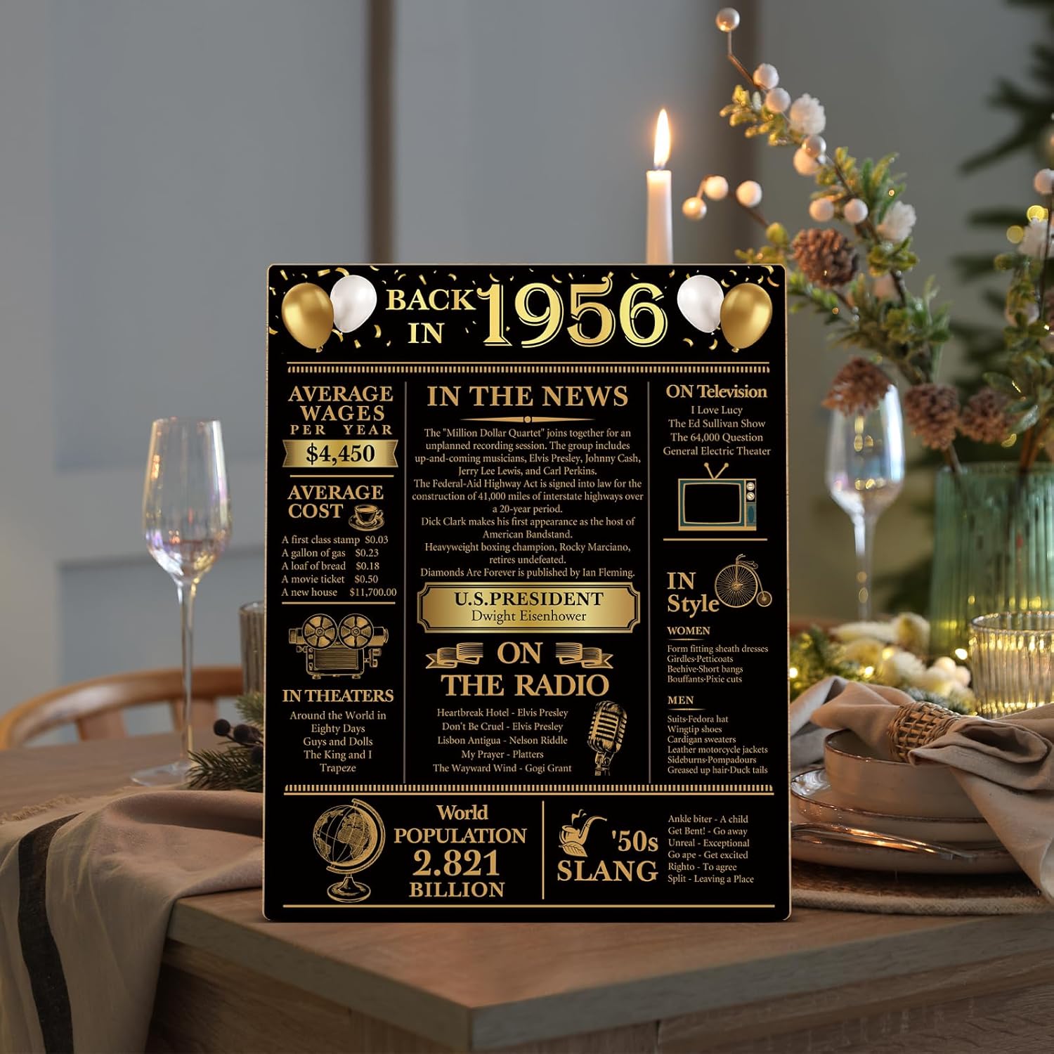 Back in 1956 | 70th Birthday Party Decorations - Black and Gold Wooden Sign & Table Favors