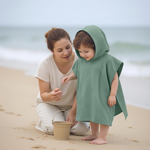 Frienda Muslin Hooded Beach Towel for 3-6 Years Kids Soft Muslin Bath Poncho for Baby Absorbent Fast Drying Blankets for Boys Girls Newborns Toddler Beach Pool Bath Essentials(Green)