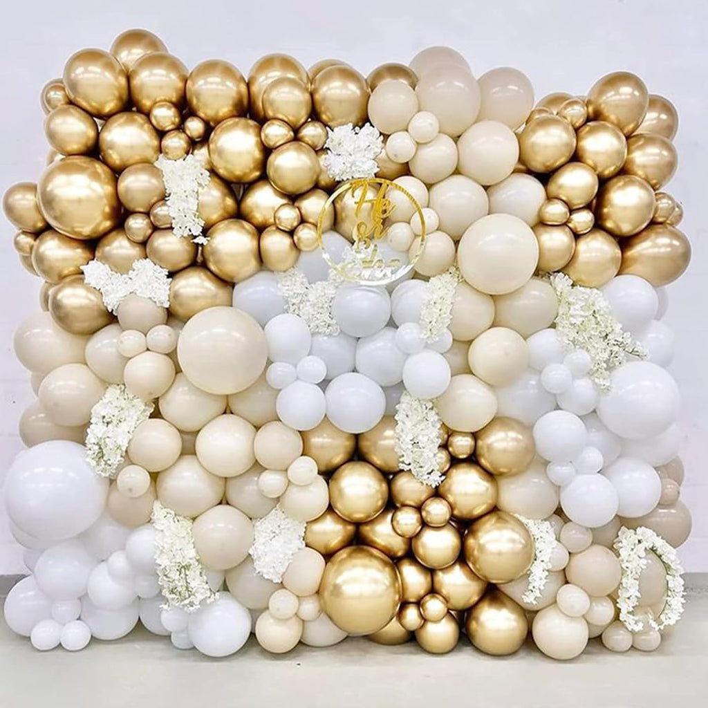 PartyWoo White and Gold Balloons - 140-Piece Pack in Various Sizes for Stunning Birthday Decorations