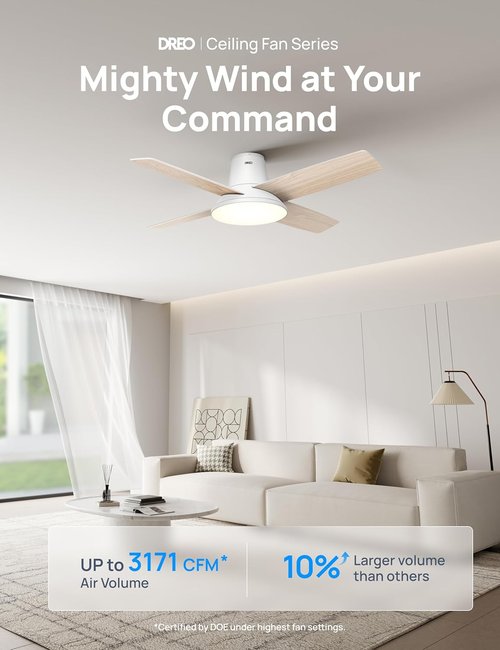 DREO Smart Ceiling Fan - 12 Speeds & 3 Modes - Quiet DC Motor, Dimmable LED, Remote Control - 44'' White
