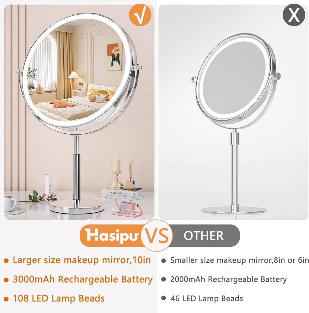 Hasipu 10” LED Makeup Mirror with 7X Magnification - Rechargeable Vanity Mirror, 3 Color Modes, Touch Control, 360° Rotation & Adjustable Height