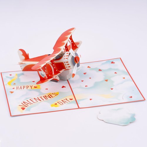 POPWOW Love Biplane Pop Up Card, Happy Valentine's Day, Cloud, Heart, 3D Popup Greeting Cards, Ideal Gifts for Wife, Husband, Lovers, Kids, Girlfriend, 5x7 - Includes Envelope And Message Note